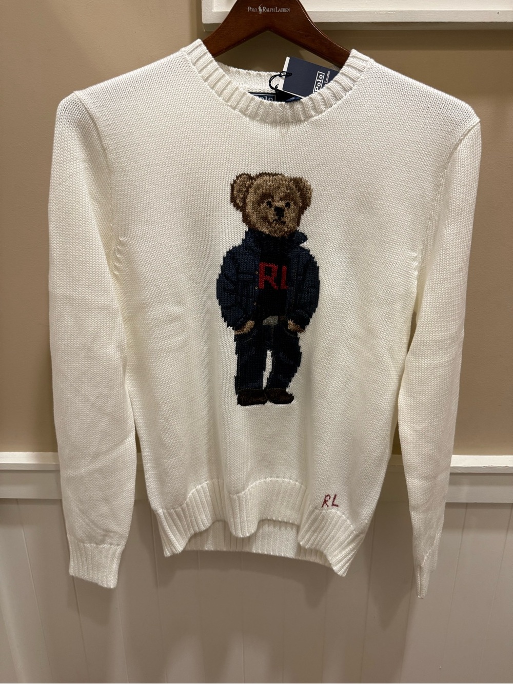 NWT Polo Ralph Lauren White RL MONOGRAM TURTLENECK BEAR Cotton Crewneck Sweater